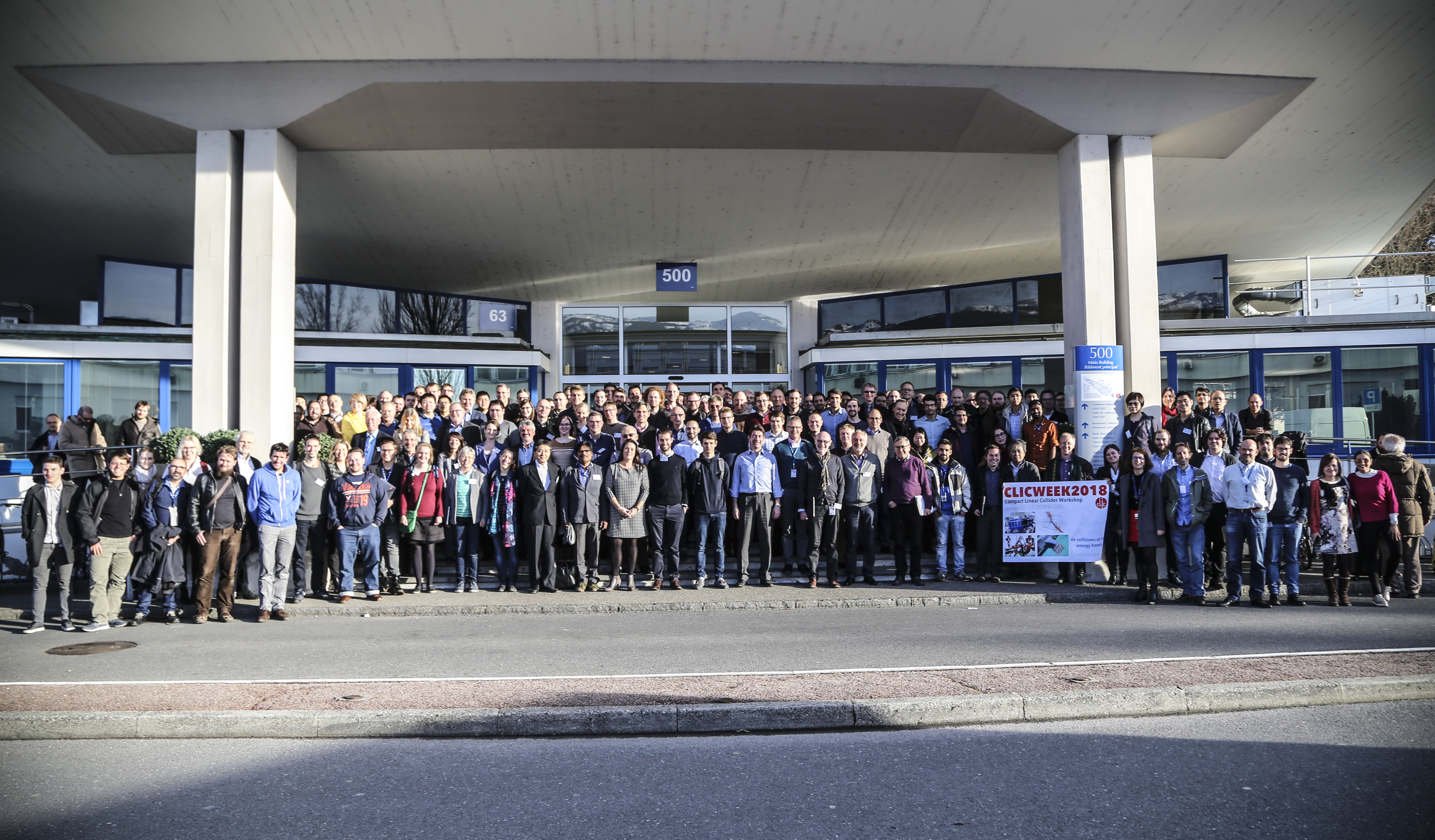 The participants of the 2018 CLIC workshop outside CERN’s main building.